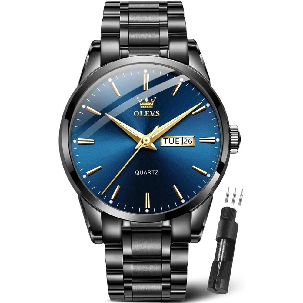 Olevs Men's Black Steel Blue-Dial Waterproof Stainless Luminous Stylish Watch